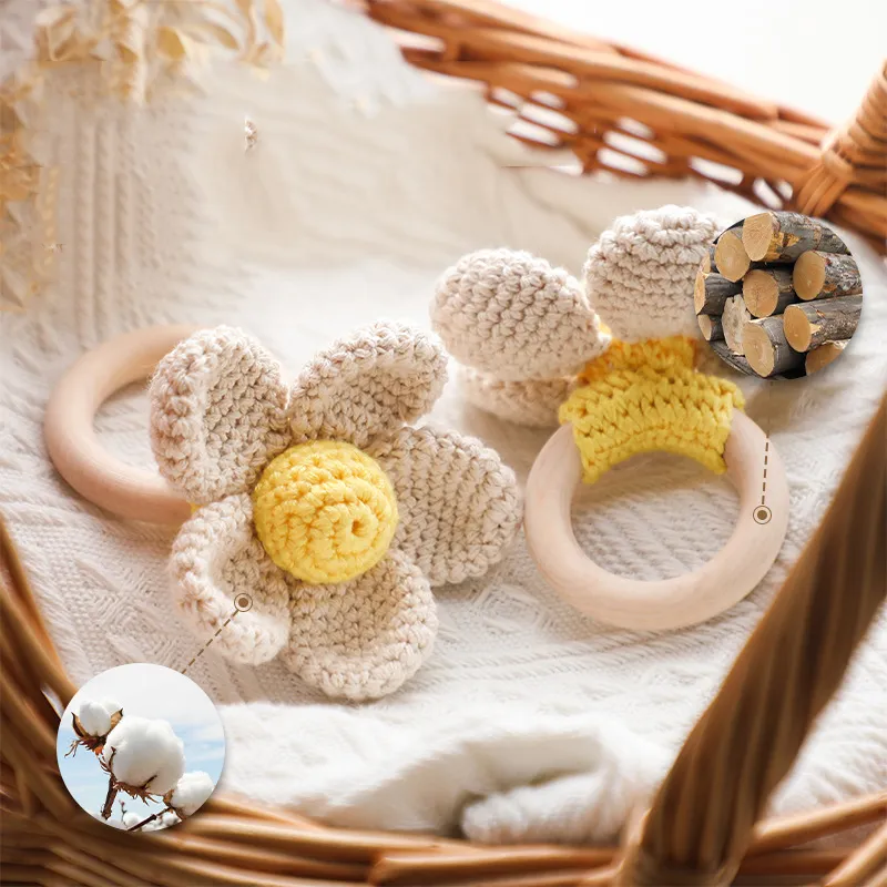 Kids Fashion Handmade Wool Crochet Floral Wooden Ring Rattle Sensory Toy